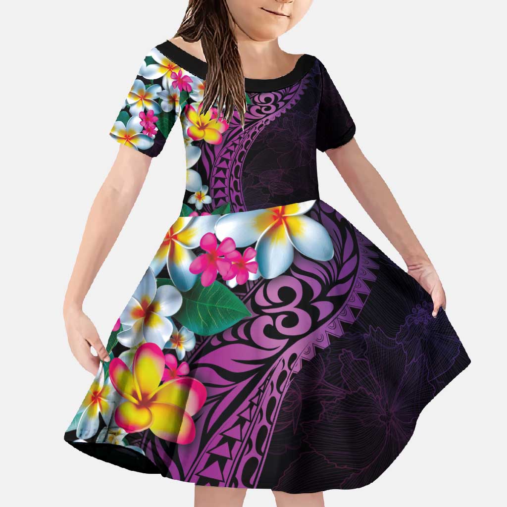 Hawaiian Plumeria-Polynesian Art Tattoo Mauve Color Family Matching Long Sleeve Bodycon Dress and Hawaiian Shirt LT03 Daughter's Dress Purple - Polynesian Pride