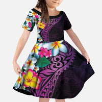 Hawaiian Plumeria-Polynesian Art Tattoo Mauve Color Family Matching Off The Shoulder Long Sleeve Dress and Hawaiian Shirt LT03 Daughter's Dress Purple - Polynesian Pride