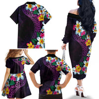 Hawaiian Plumeria-Polynesian Art Tattoo Mauve Color Family Matching Off The Shoulder Long Sleeve Dress and Hawaiian Shirt LT03 - Polynesian Pride
