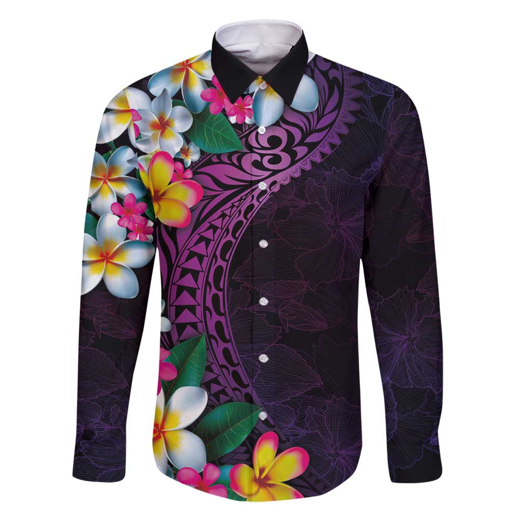 Hawaiian Plumeria-Polynesian Art Tattoo Mauve Color Family Matching Off Shoulder Maxi Dress and Hawaiian Shirt LT03 Dad's Shirt - Long Sleeve Purple - Polynesian Pride