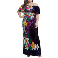 Hawaiian Plumeria-Polynesian Art Tattoo Mauve Color Family Matching Off Shoulder Maxi Dress and Hawaiian Shirt LT03 Mom's Dress Purple - Polynesian Pride