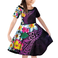 Hawaiian Plumeria-Polynesian Art Tattoo Mauve Color Family Matching Off Shoulder Short Dress and Hawaiian Shirt LT03 Daughter's Dress Purple - Polynesian Pride