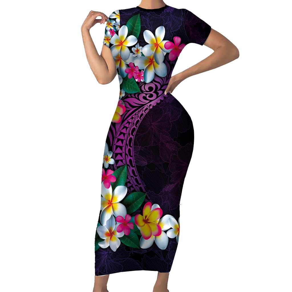 Hawaiian Plumeria-Polynesian Art Tattoo Mauve Color Family Matching Short Sleeve Bodycon Dress and Hawaiian Shirt LT03 Mom's Dress Purple - Polynesian Pride