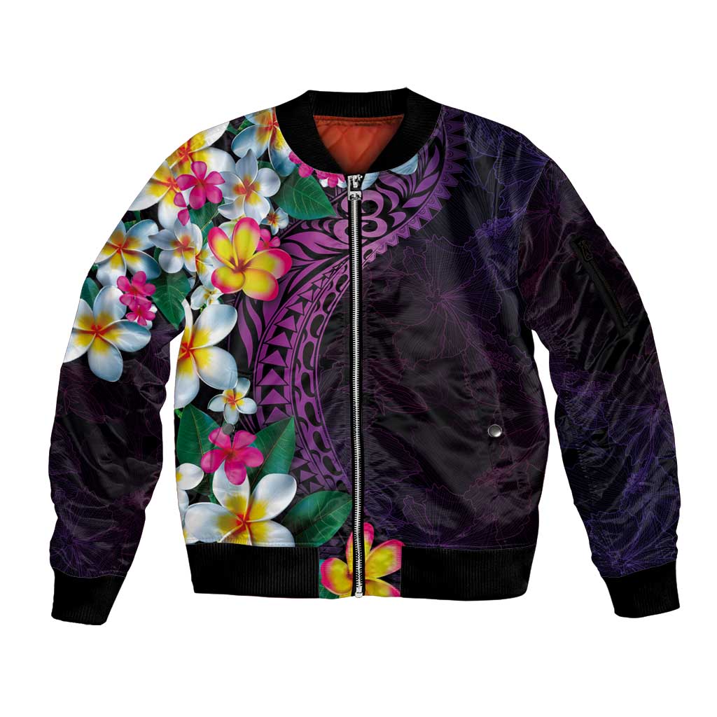Hawaiian Plumeria-Polynesian Art Tattoo Mauve Color Sleeve Zip Bomber Jacket LT03 Unisex Purple - Polynesian Pride