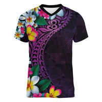 Hawaiian Plumeria-Polynesian Art Tattoo Mauve Color Women V-Neck T-Shirt