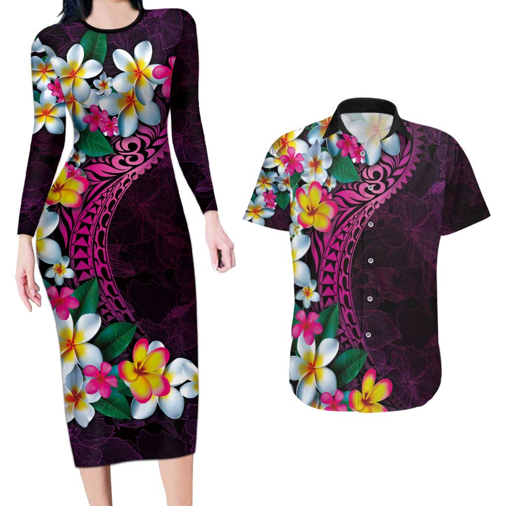 Hawaiian Plumeria-Polynesian Art Tattoo Plum Pink Color Couples Matching Long Sleeve Bodycon Dress and Hawaiian Shirt LT03 Pink - Polynesian Pride