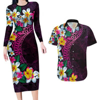 Hawaiian Plumeria-Polynesian Art Tattoo Plum Pink Color Couples Matching Long Sleeve Bodycon Dress and Hawaiian Shirt LT03 Pink - Polynesian Pride