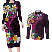 Hawaiian Plumeria-Polynesian Art Tattoo Plum Pink Color Couples Matching Long Sleeve Bodycon Dress and Long Sleeve Button Shirt LT03 Pink - Polynesian Pride