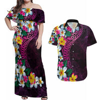 Hawaiian Plumeria-Polynesian Art Tattoo Plum Pink Color Couples Matching Off Shoulder Maxi Dress and Hawaiian Shirt LT03 Pink - Polynesian Pride