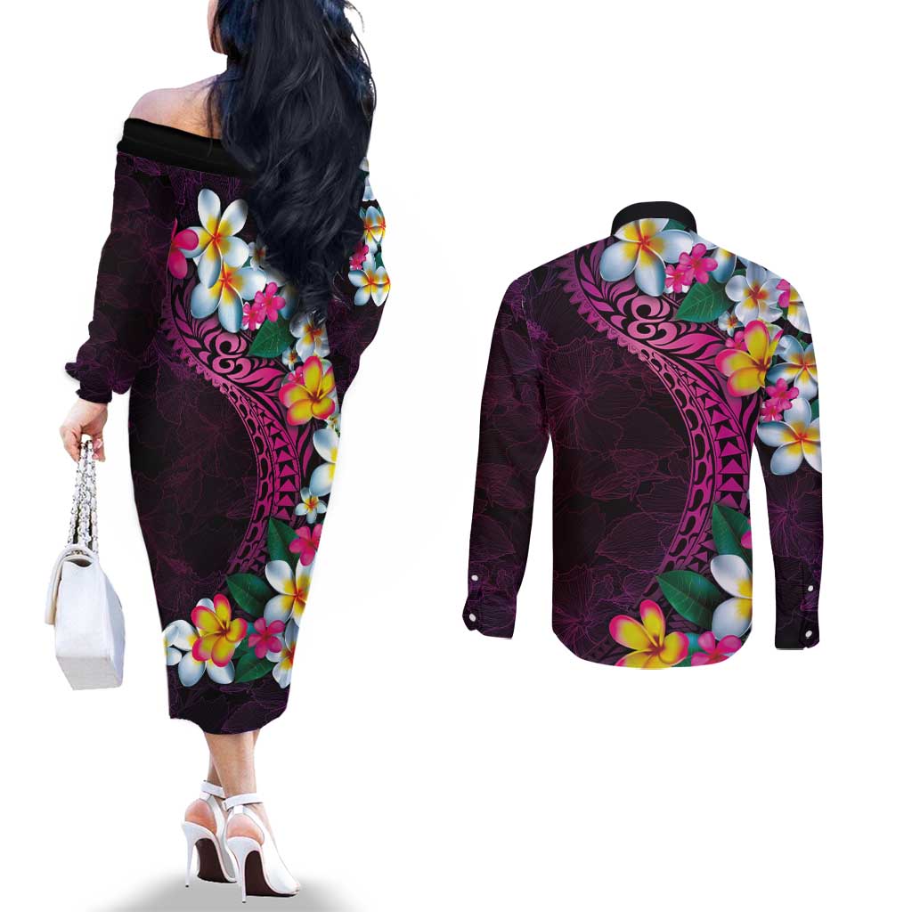 Hawaiian Plumeria-Polynesian Art Tattoo Plum Pink Color Couples Matching Off The Shoulder Long Sleeve Dress and Long Sleeve Button Shirt LT03 - Polynesian Pride