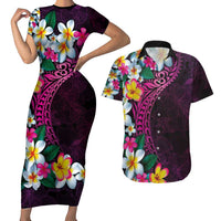 Hawaiian Plumeria-Polynesian Art Tattoo Plum Pink Color Couples Matching Short Sleeve Bodycon Dress and Hawaiian Shirt LT03 Pink - Polynesian Pride
