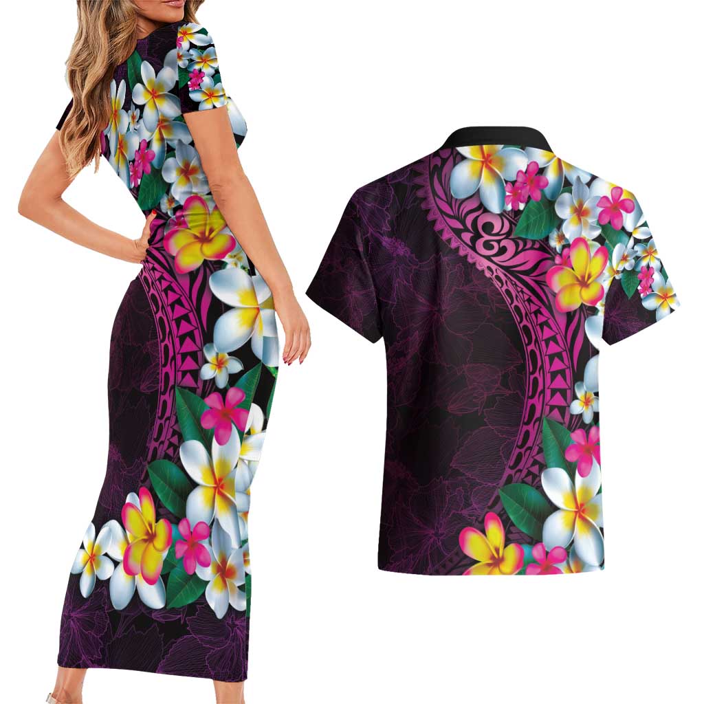 Hawaiian Plumeria-Polynesian Art Tattoo Plum Pink Color Couples Matching Short Sleeve Bodycon Dress and Hawaiian Shirt LT03 - Polynesian Pride