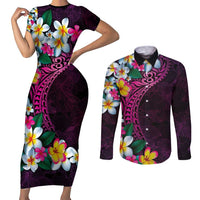 Hawaiian Plumeria-Polynesian Art Tattoo Plum Pink Color Couples Matching Short Sleeve Bodycon Dress and Long Sleeve Button Shirt LT03 Pink - Polynesian Pride