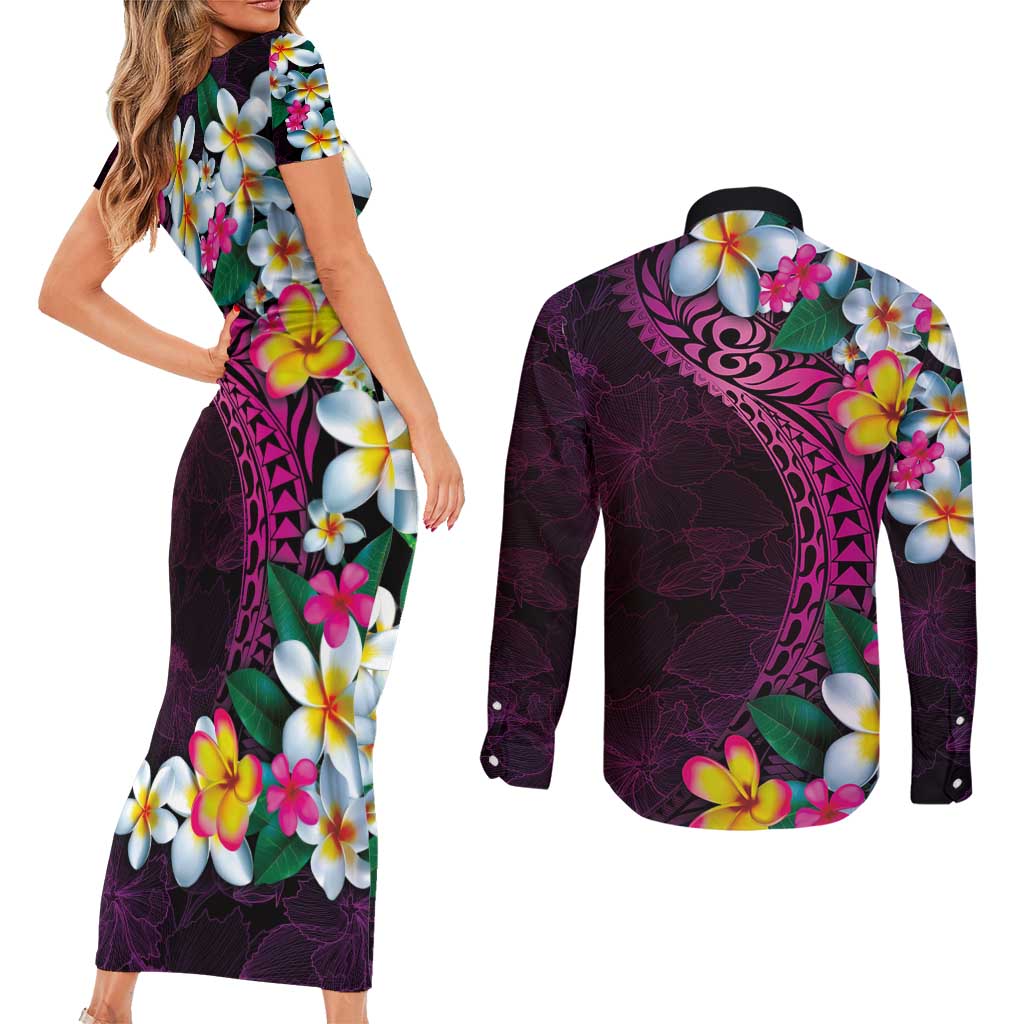 Hawaiian Plumeria-Polynesian Art Tattoo Plum Pink Color Couples Matching Short Sleeve Bodycon Dress and Long Sleeve Button Shirt LT03 - Polynesian Pride
