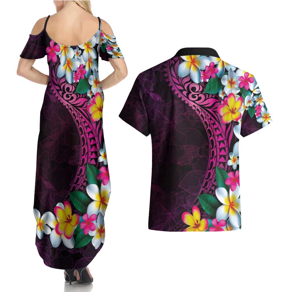Hawaiian Plumeria-Polynesian Art Tattoo Plum Pink Color Couples Matching Summer Maxi Dress and Hawaiian Shirt LT03 - Polynesian Pride