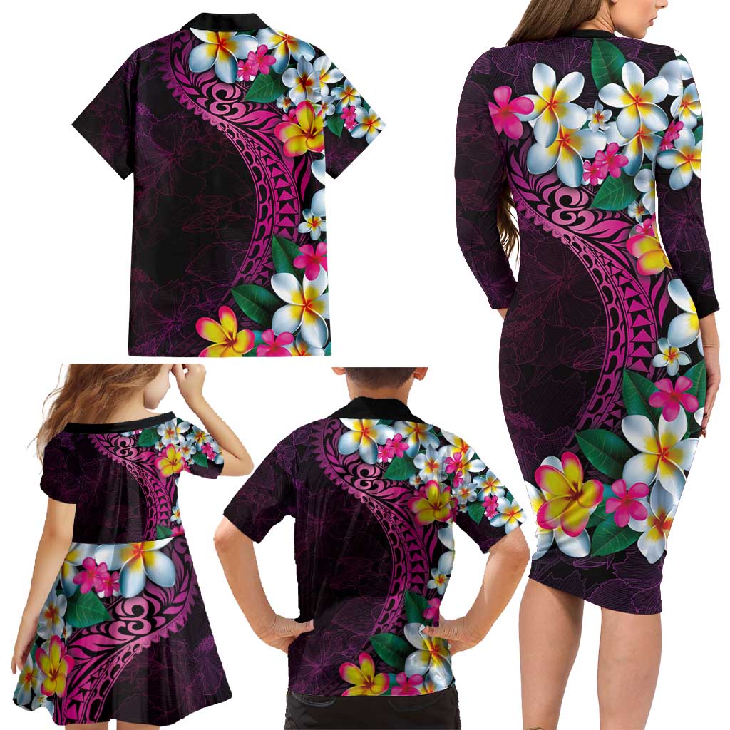 Hawaiian Plumeria-Polynesian Art Tattoo Plum Pink Color Family Matching Long Sleeve Bodycon Dress and Hawaiian Shirt LT03 - Polynesian Pride