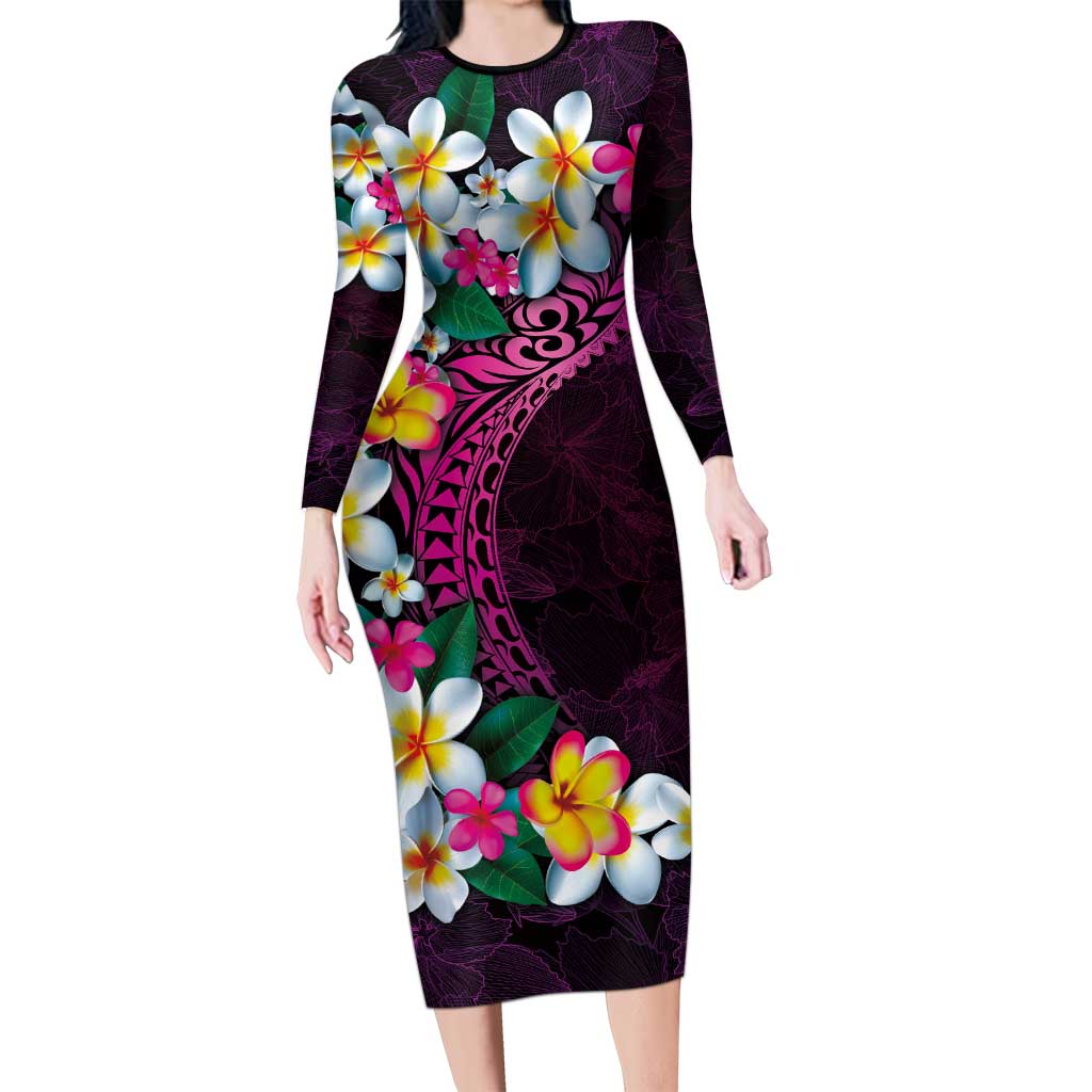 Hawaiian Plumeria-Polynesian Art Tattoo Plum Pink Color Family Matching Long Sleeve Bodycon Dress and Hawaiian Shirt LT03 Mom's Dress Pink - Polynesian Pride
