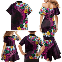 Hawaiian Plumeria-Polynesian Art Tattoo Plum Pink Color Family Matching Mermaid Dress and Hawaiian Shirt LT03 - Polynesian Pride