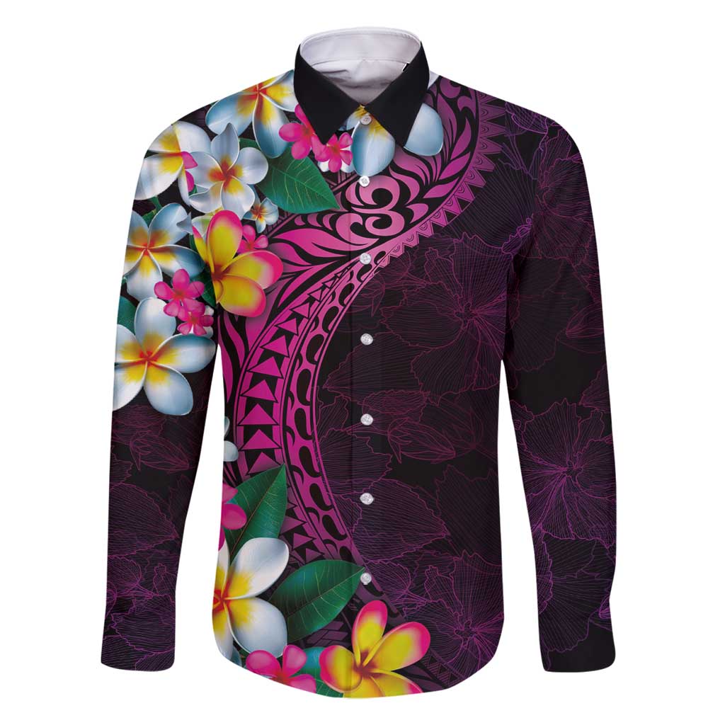 Hawaiian Plumeria-Polynesian Art Tattoo Plum Pink Color Family Matching Mermaid Dress and Hawaiian Shirt LT03 Dad's Shirt - Long Sleeve Pink - Polynesian Pride