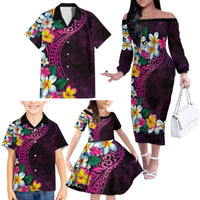 Hawaiian Plumeria-Polynesian Art Tattoo Plum Pink Color Family Matching Off The Shoulder Long Sleeve Dress and Hawaiian Shirt LT03 - Polynesian Pride