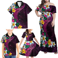 Hawaiian Plumeria-Polynesian Art Tattoo Plum Pink Color Family Matching Off Shoulder Maxi Dress and Hawaiian Shirt LT03 - Polynesian Pride