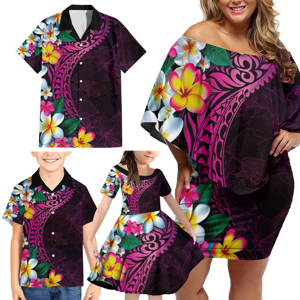 Hawaiian Plumeria-Polynesian Art Tattoo Plum Pink Color Family Matching Off Shoulder Short Dress and Hawaiian Shirt LT03 - Polynesian Pride