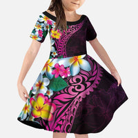 Hawaiian Plumeria-Polynesian Art Tattoo Plum Pink Color Family Matching Puletasi and Hawaiian Shirt LT03 Daughter's Dress Pink - Polynesian Pride