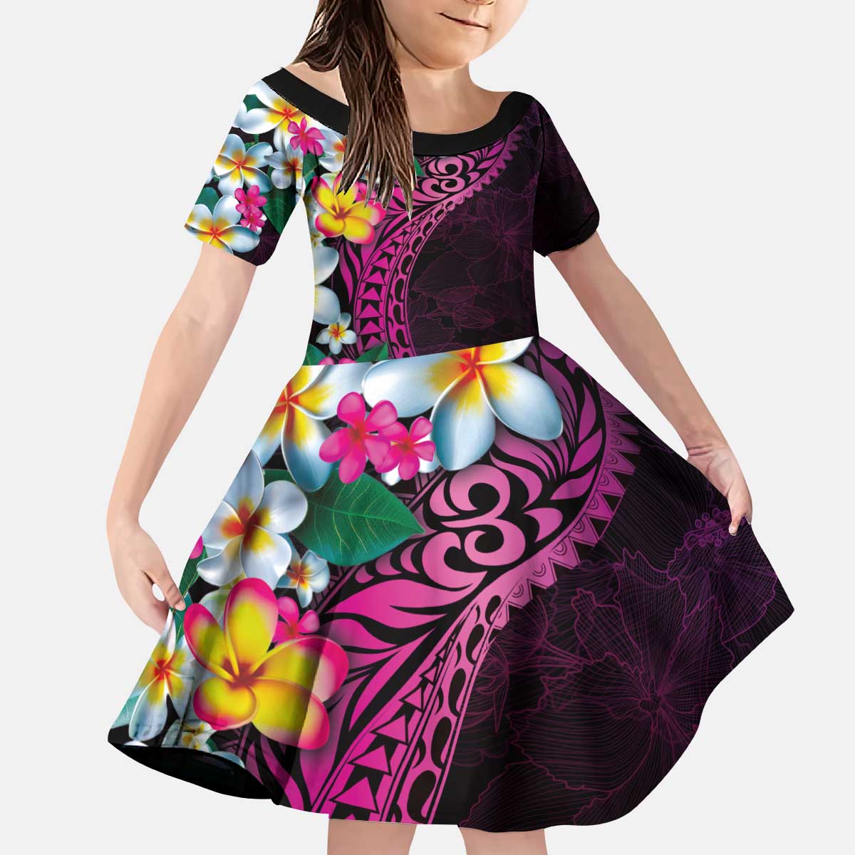Hawaiian Plumeria-Polynesian Art Tattoo Plum Pink Color Kid Short Sleeve Dress