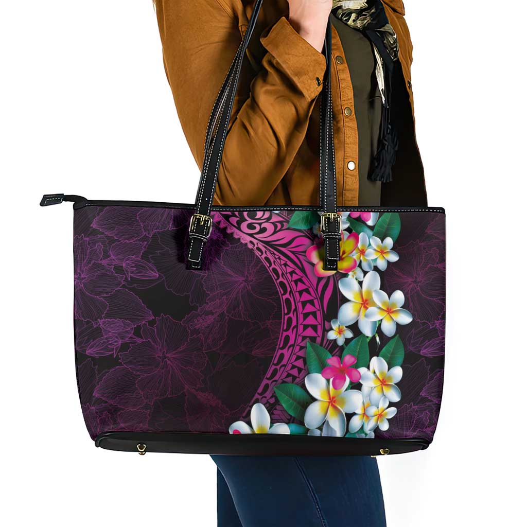 Hawaiian Plumeria-Polynesian Art Tattoo Plum Pink Color Leather Tote Bag
