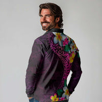Hawaiian Plumeria-Polynesian Art Tattoo Plum Pink Color Long Sleeve Polo Shirt