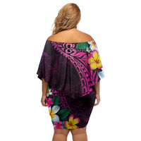 Hawaiian Plumeria-Polynesian Art Tattoo Plum Pink Color Off Shoulder Short Dress