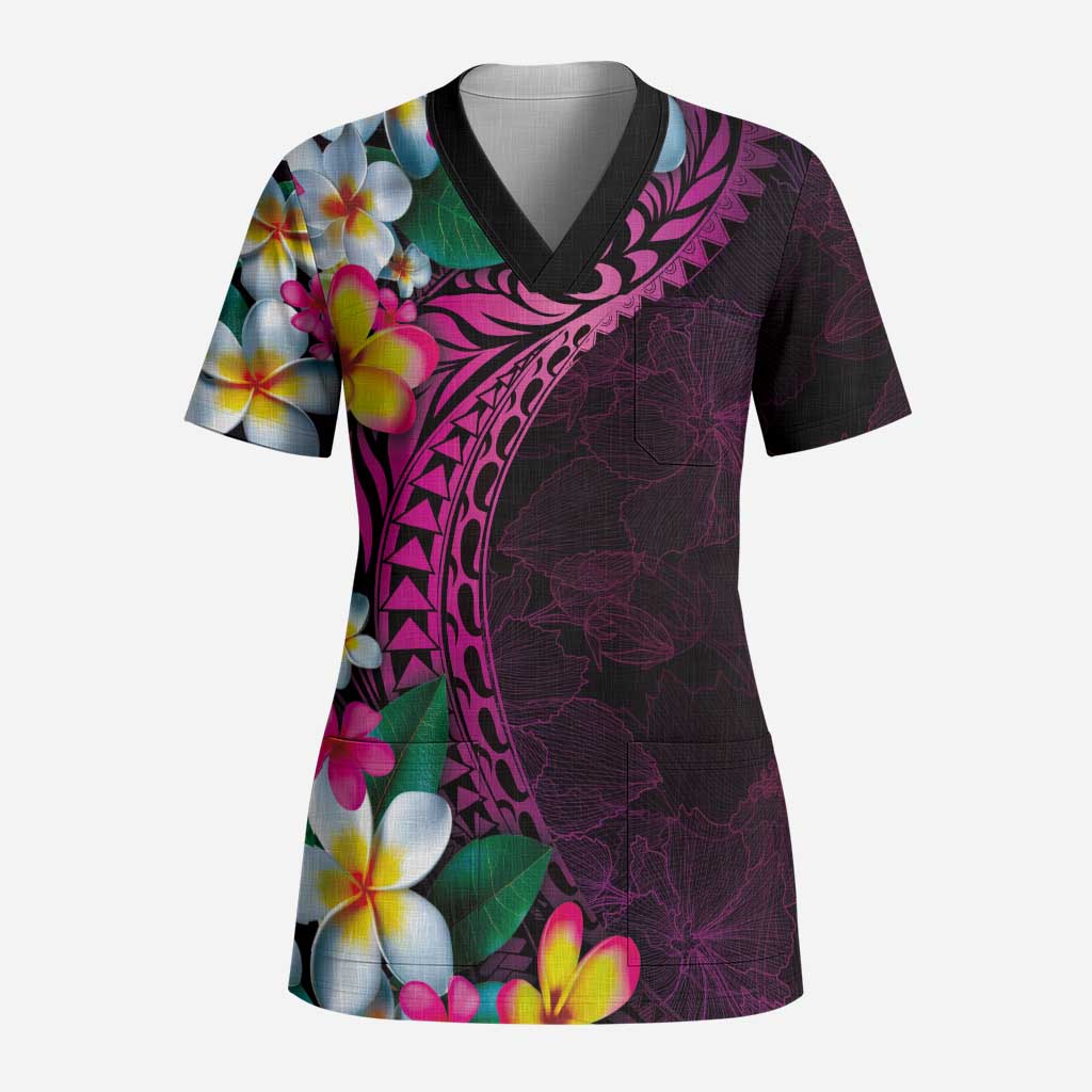 Hawaiian Plumeria-Polynesian Art Tattoo Plum Pink Color Scrub Top - Polynesian Pride