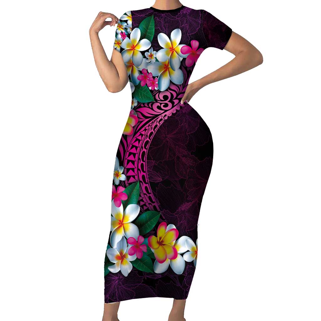 Hawaiian Plumeria-Polynesian Art Tattoo Plum Pink Color Short Sleeve Bodycon Dress