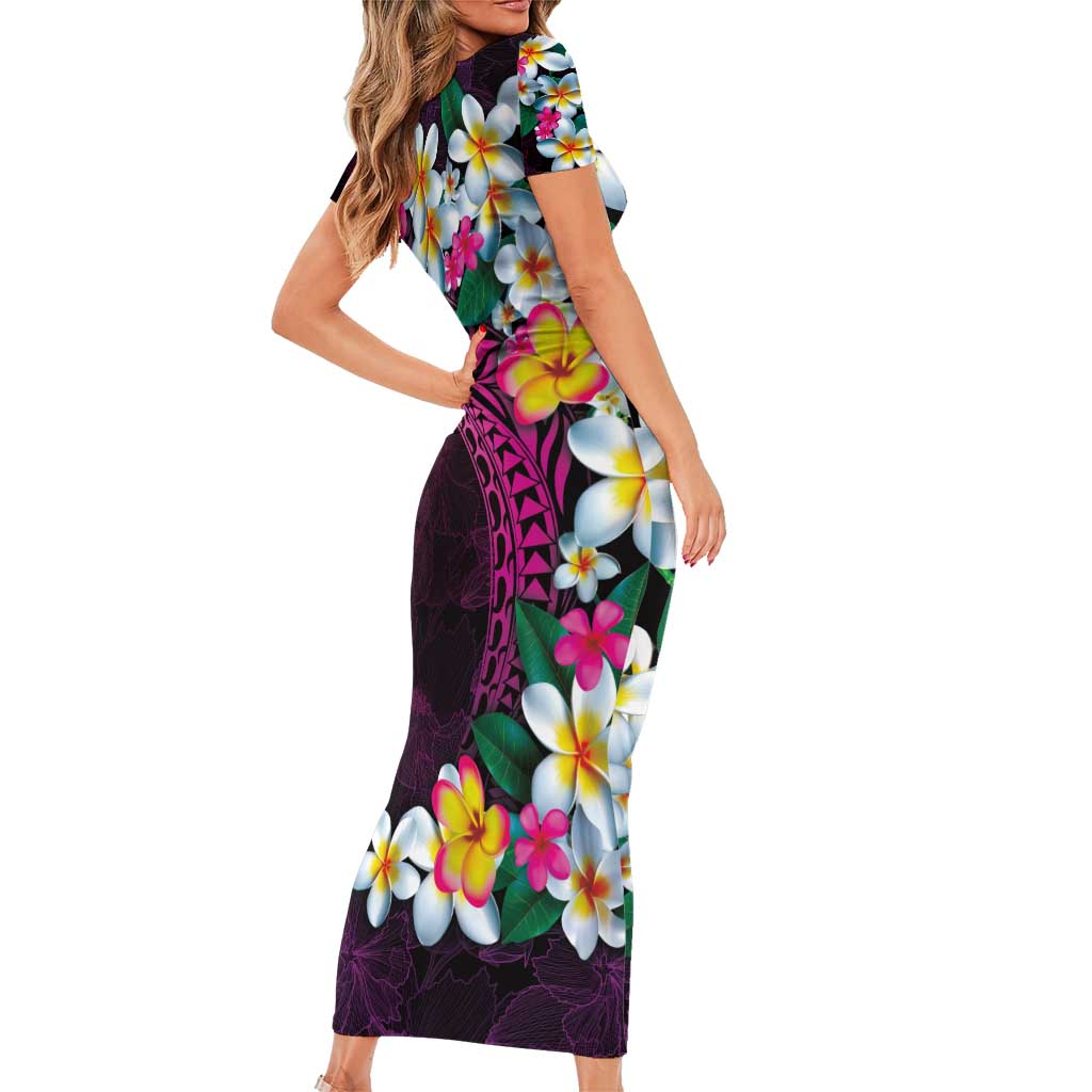 Hawaiian Plumeria-Polynesian Art Tattoo Plum Pink Color Short Sleeve Bodycon Dress