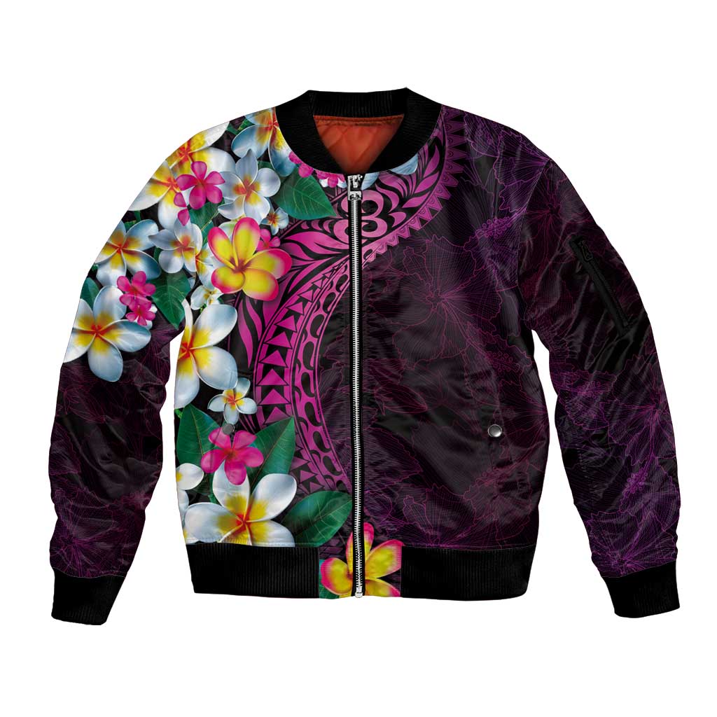 Hawaiian Plumeria-Polynesian Art Tattoo Plum Pink Color Sleeve Zip Bomber Jacket LT03 Unisex Pink - Polynesian Pride