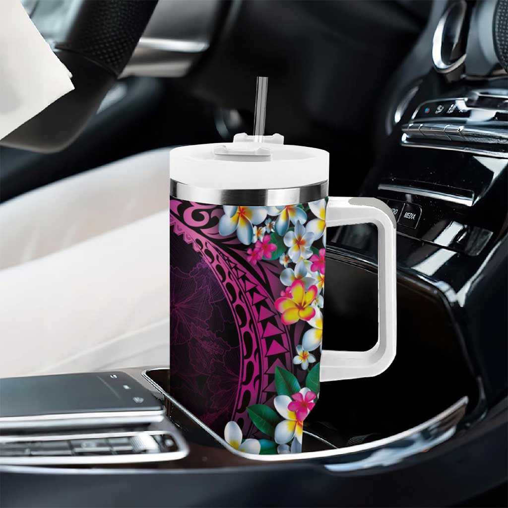 Hawaiian Plumeria-Polynesian Art Tattoo Plum Pink Color Tumbler With Handle