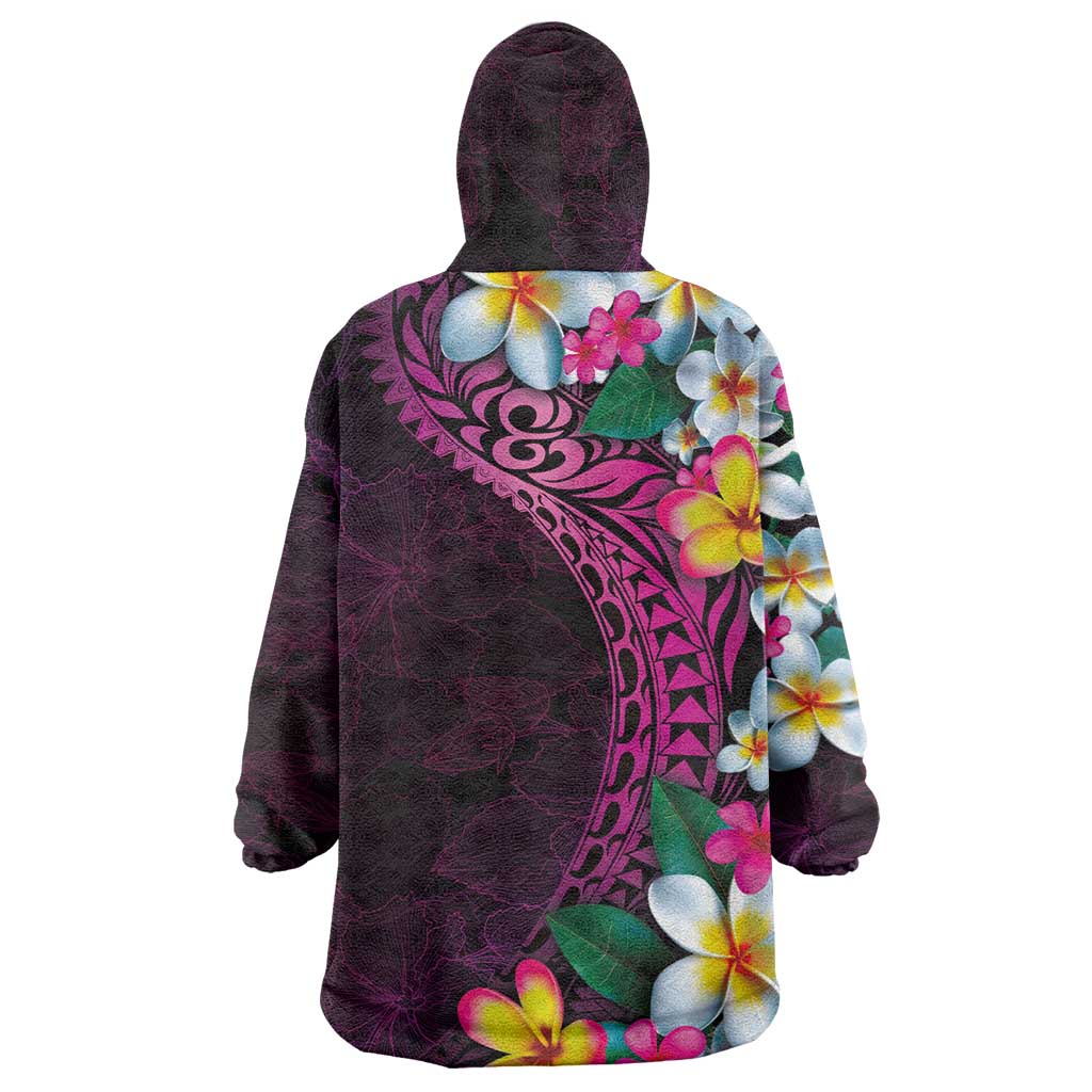 Hawaiian Plumeria-Polynesian Art Tattoo Plum Pink Color Wearable Blanket Hoodie