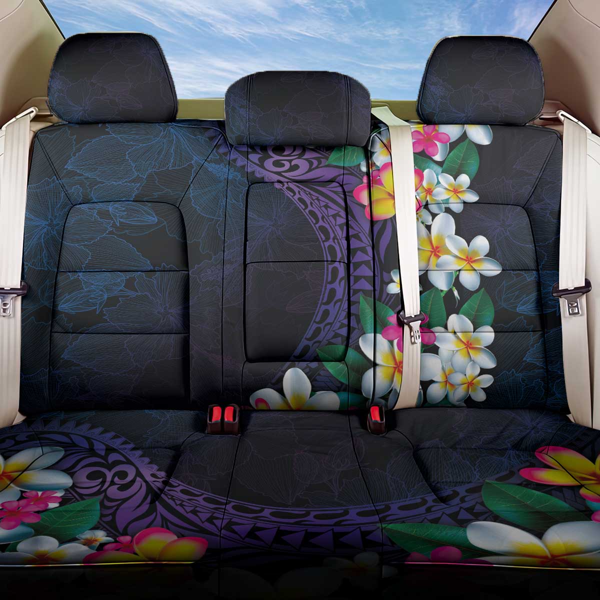 Hawaiian Plumeria-Polynesian Art Tattoo Frosted Blue Violet Color Back Car Seat Cover