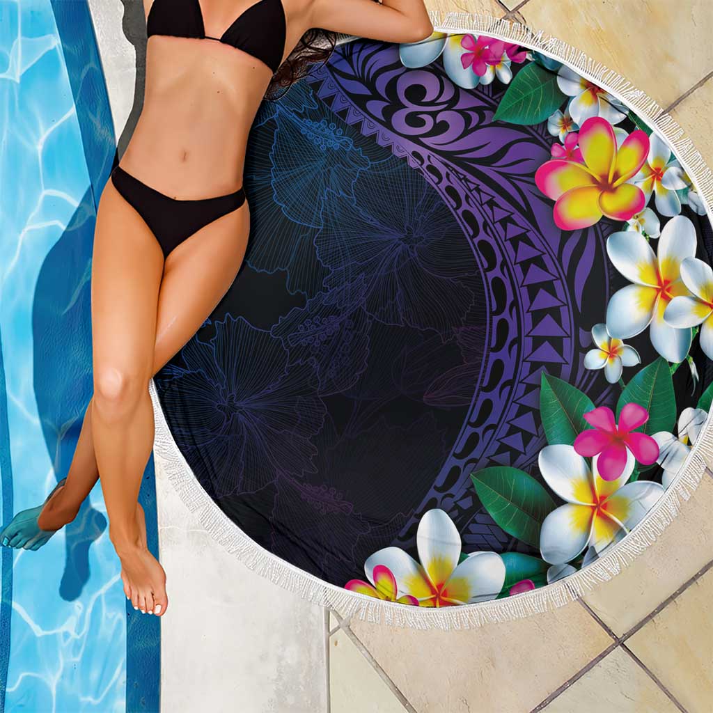 Hawaiian Plumeria-Polynesian Art Tattoo Frosted Blue Violet Color Beach Blanket