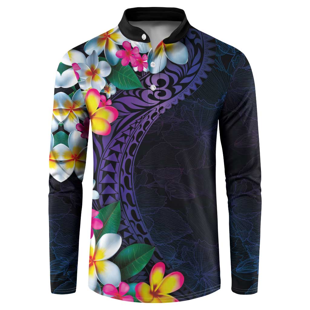 Hawaiian Plumeria-Polynesian Art Tattoo Frosted Blue Violet Color Button Sweatshirt