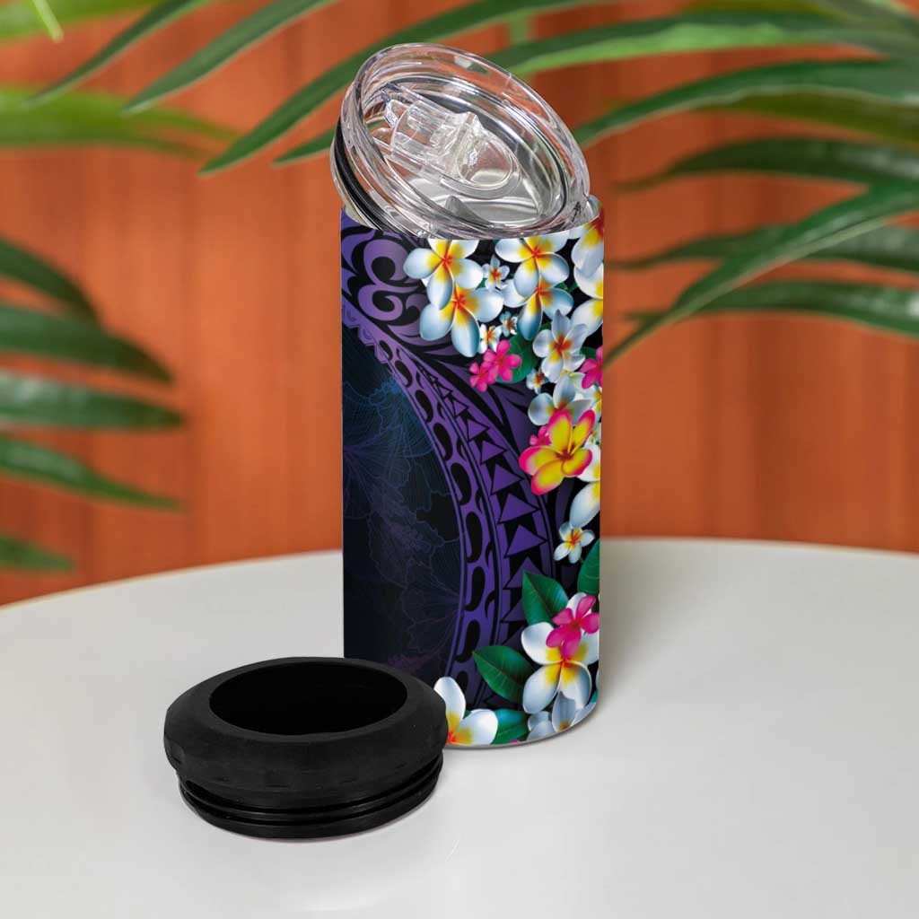 Hawaiian Plumeria-Polynesian Art Tattoo Frosted Blue Violet Color 4 in 1 Can Cooler Tumbler