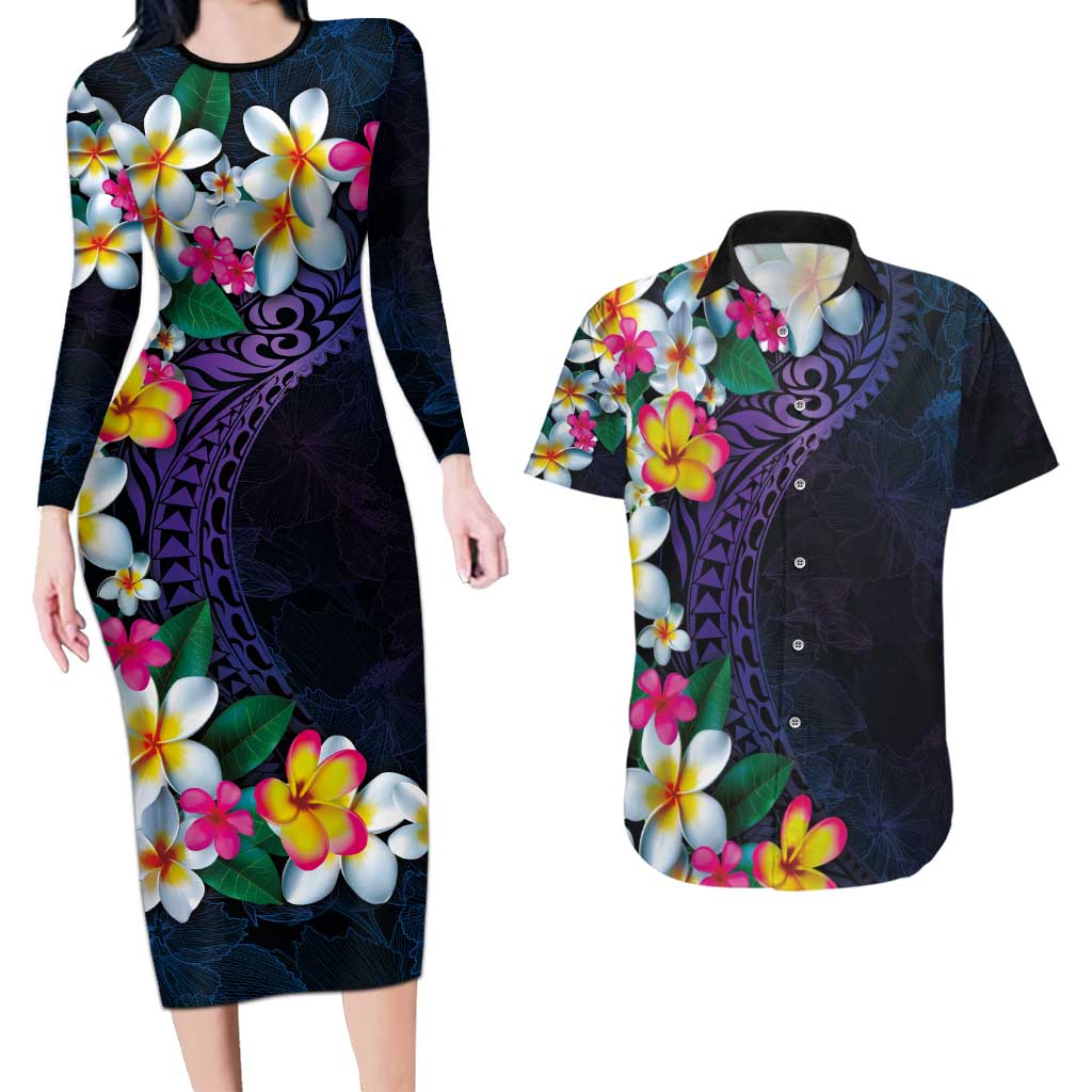 Hawaiian Plumeria-Polynesian Art Tattoo Frosted Blue Violet Color Couples Matching Long Sleeve Bodycon Dress and Hawaiian Shirt LT03 Blue - Polynesian Pride