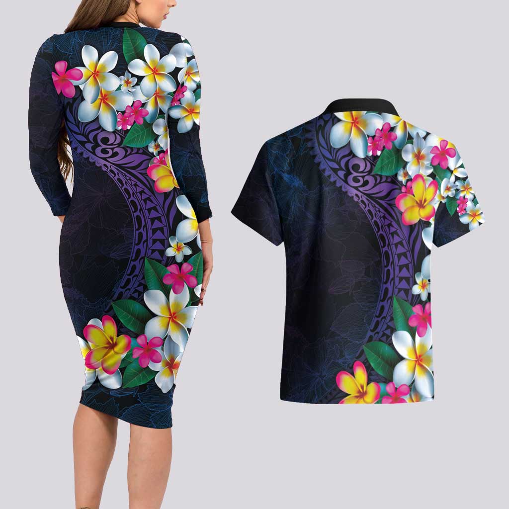 Hawaiian Plumeria-Polynesian Art Tattoo Frosted Blue Violet Color Couples Matching Long Sleeve Bodycon Dress and Hawaiian Shirt LT03 - Polynesian Pride