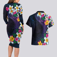 Hawaiian Plumeria-Polynesian Art Tattoo Frosted Blue Violet Color Couples Matching Long Sleeve Bodycon Dress and Hawaiian Shirt LT03 - Polynesian Pride