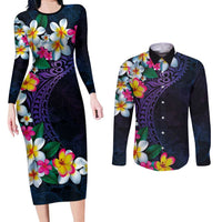 Hawaiian Plumeria-Polynesian Art Tattoo Frosted Blue Violet Color Couples Matching Long Sleeve Bodycon Dress and Long Sleeve Button Shirt LT03 Blue - Polynesian Pride