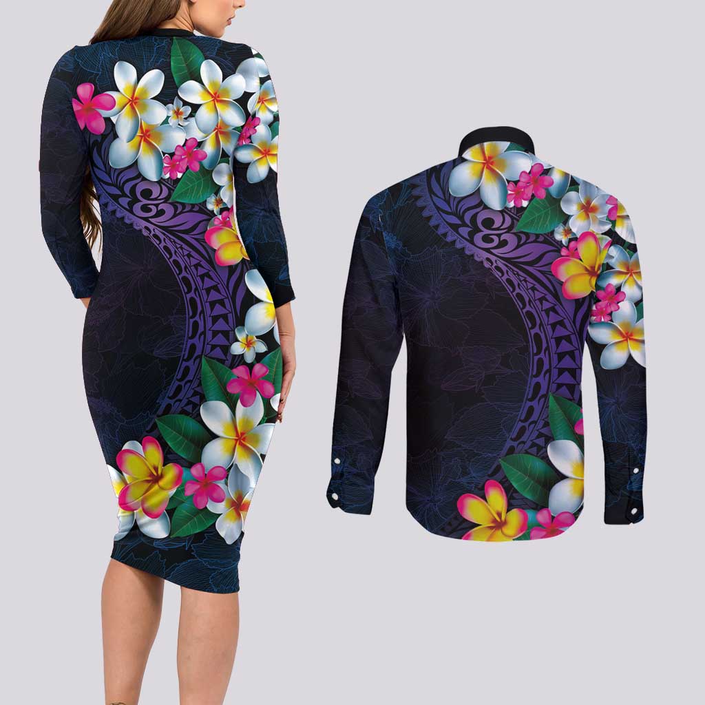 Hawaiian Plumeria-Polynesian Art Tattoo Frosted Blue Violet Color Couples Matching Long Sleeve Bodycon Dress and Long Sleeve Button Shirt LT03 - Polynesian Pride