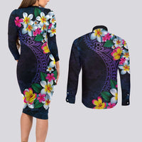 Hawaiian Plumeria-Polynesian Art Tattoo Frosted Blue Violet Color Couples Matching Long Sleeve Bodycon Dress and Long Sleeve Button Shirt LT03 - Polynesian Pride