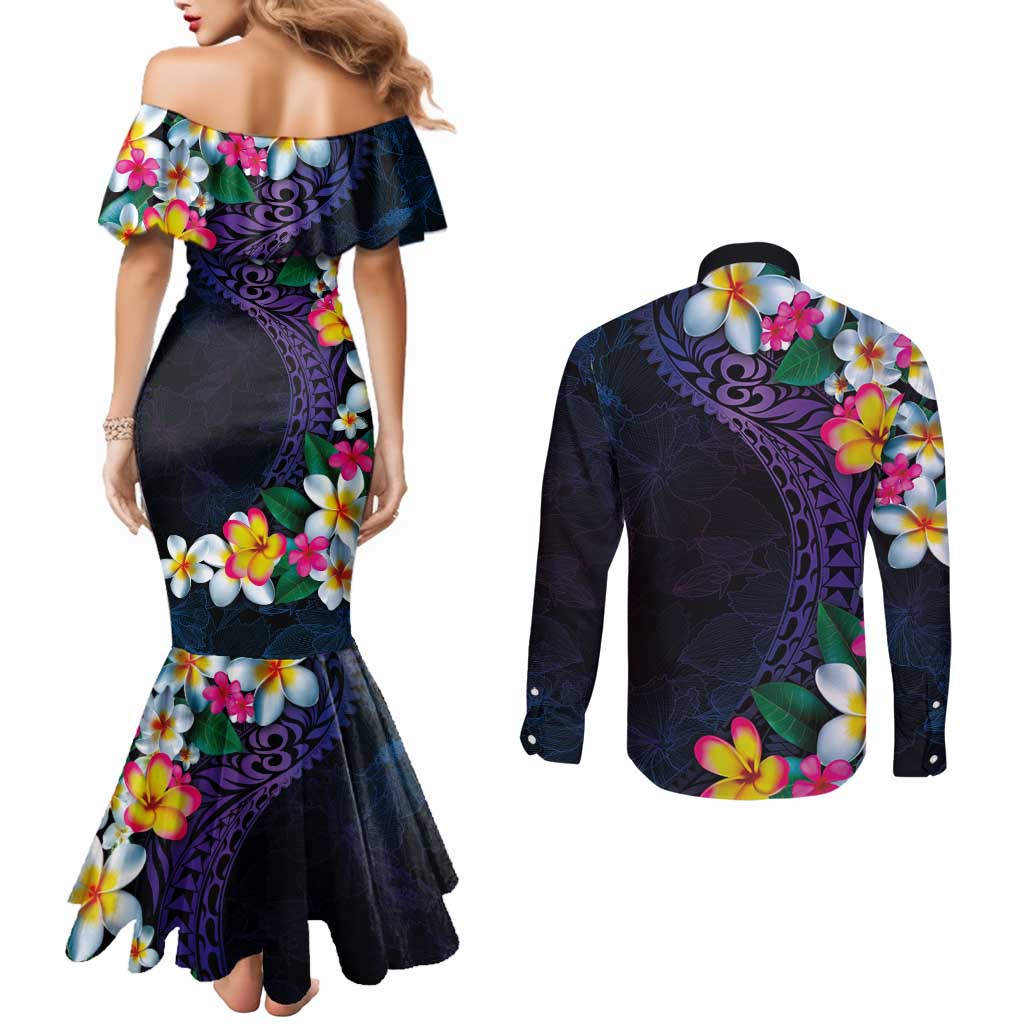 Hawaiian Plumeria-Polynesian Art Tattoo Frosted Blue Violet Color Couples Matching Mermaid Dress and Long Sleeve Button Shirt LT03 - Polynesian Pride