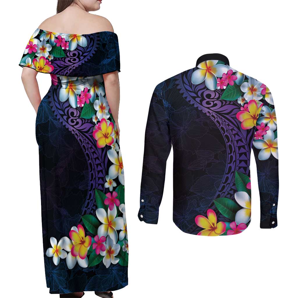 Hawaiian Plumeria-Polynesian Art Tattoo Frosted Blue Violet Color Couples Matching Off Shoulder Maxi Dress and Long Sleeve Button Shirt LT03 - Polynesian Pride