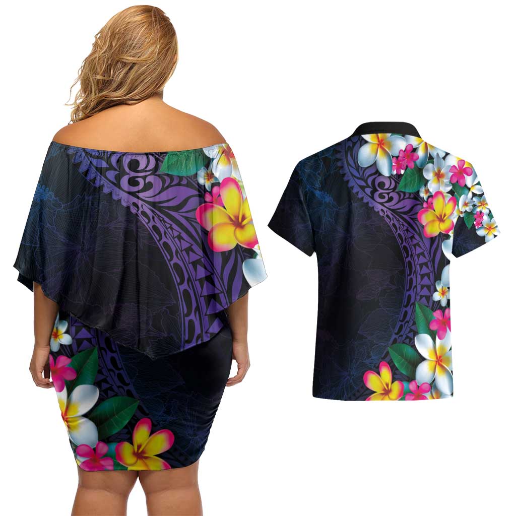 Hawaiian Plumeria-Polynesian Art Tattoo Frosted Blue Violet Color Couples Matching Off Shoulder Short Dress and Hawaiian Shirt LT03 - Polynesian Pride